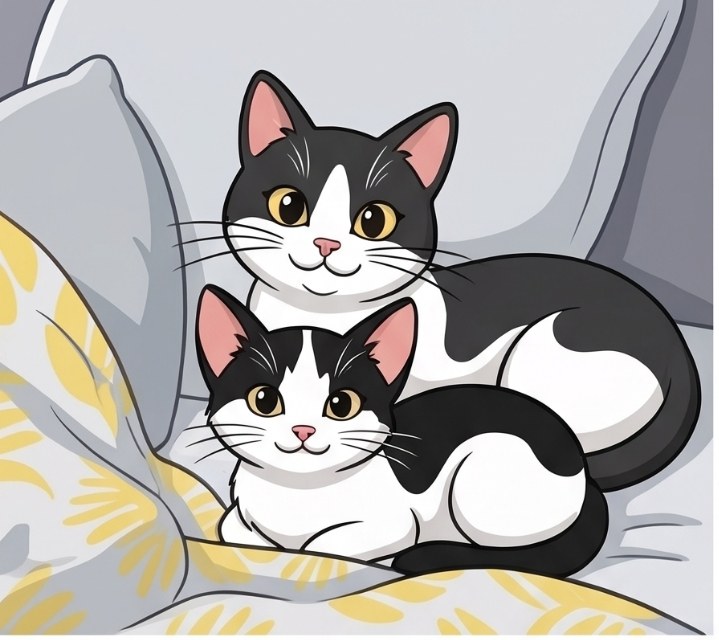 Two cartoon cats — Yin and Yang — cuddled on a pillow