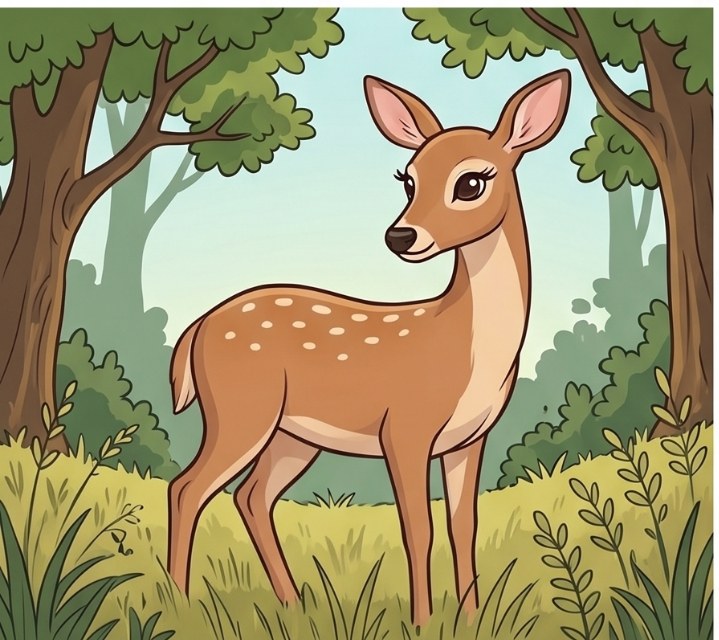 Cartoon deer standing in a sunlit forest clearing