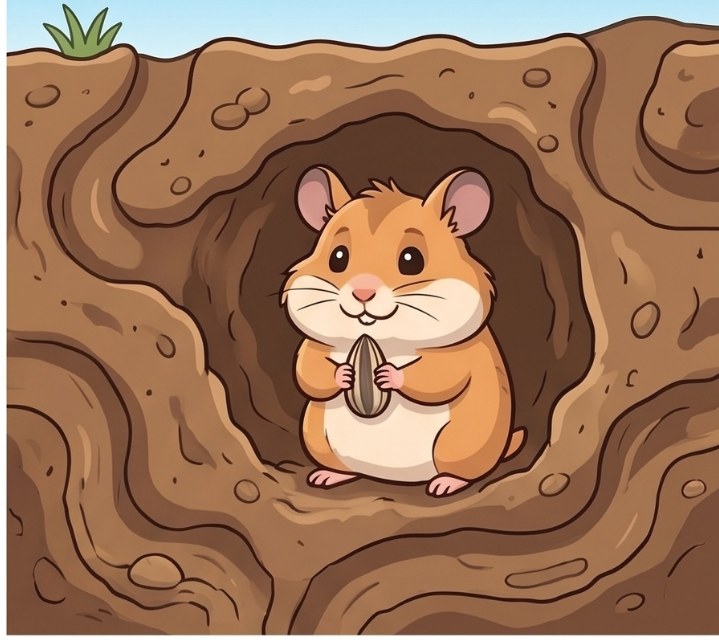 Cartoon hamster peeking out of a burrow with a sunflower seed