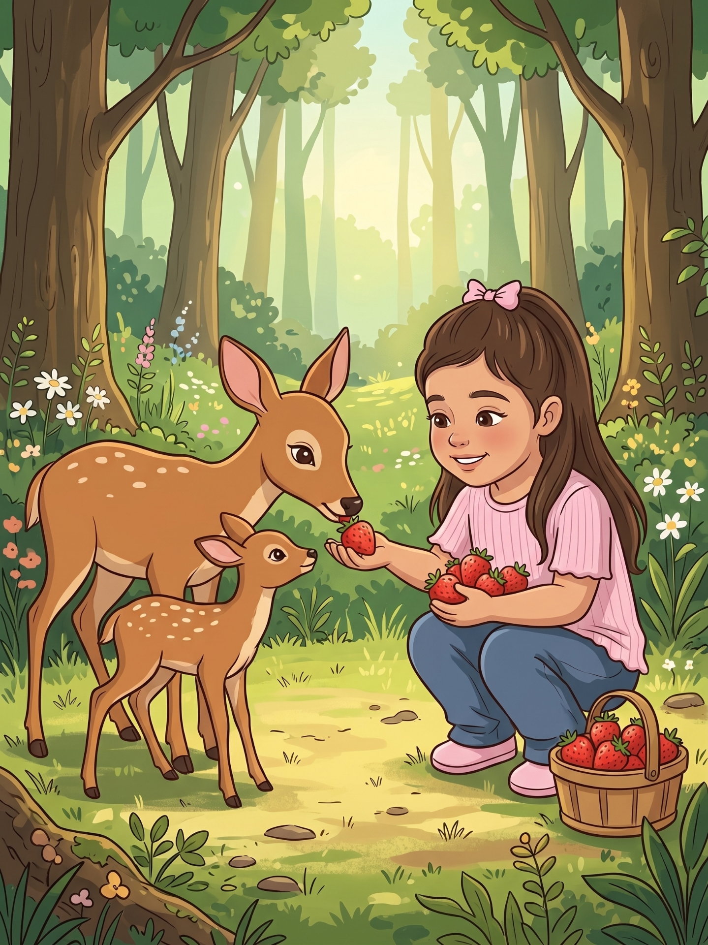 Gianna feeding strawberries to two deer in a sunlit forest