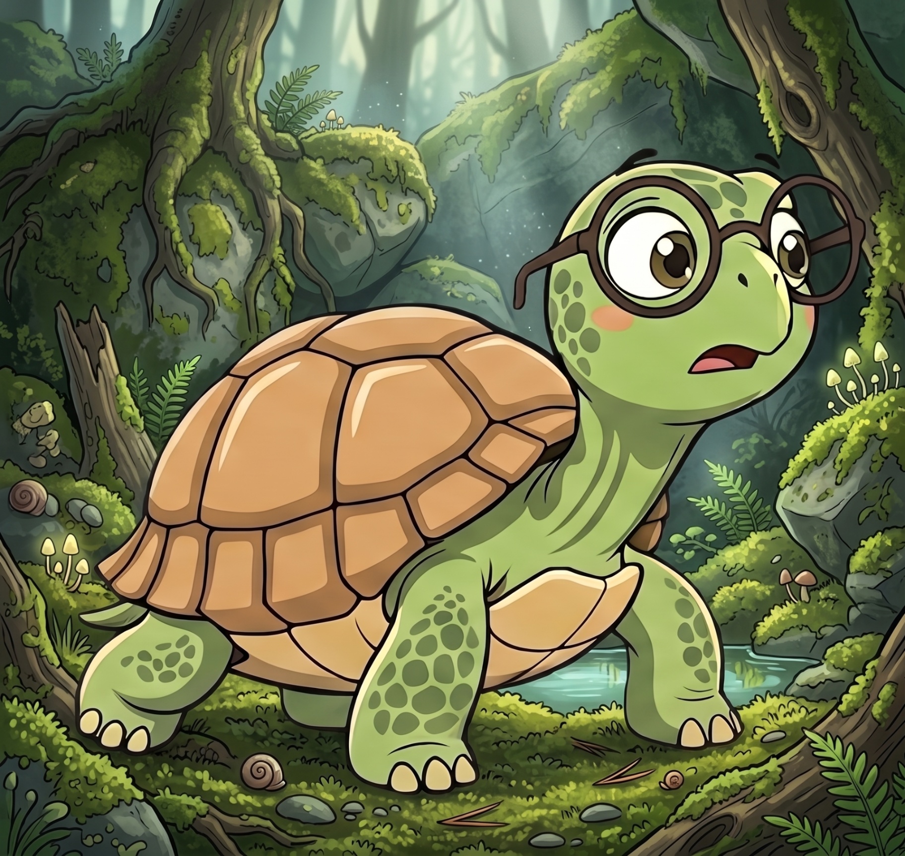 Shelldon the cartoon tortoise wearing round glasses