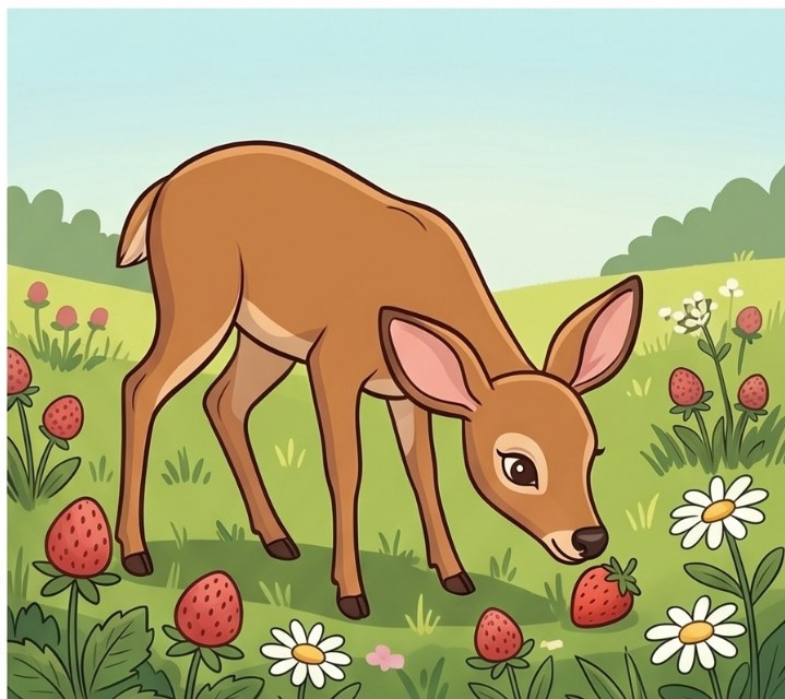 Cartoon deer nibbling strawberries in a meadow