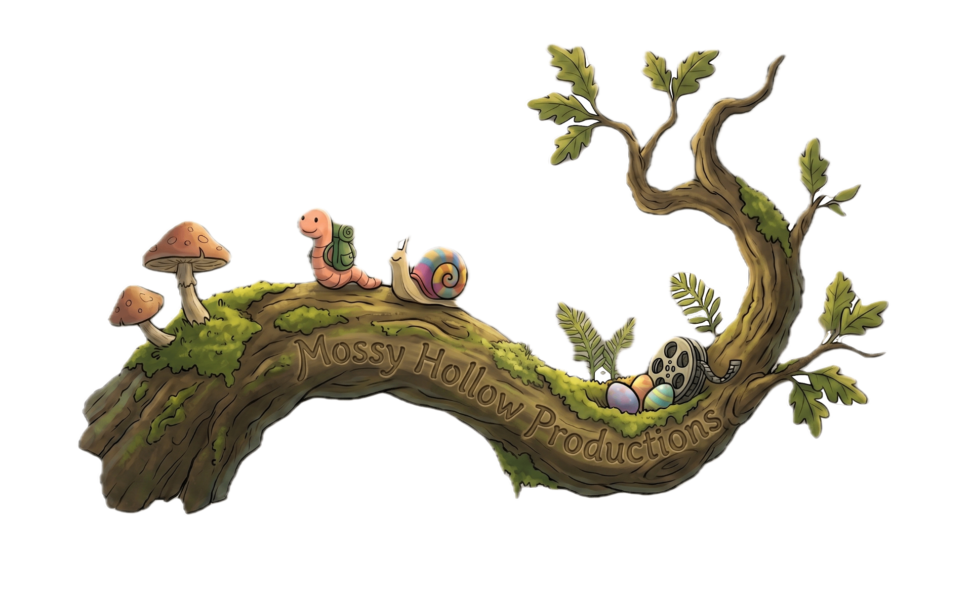 Mossy Hollow Productions — a mossy branch with mushrooms, a worm, and a snail