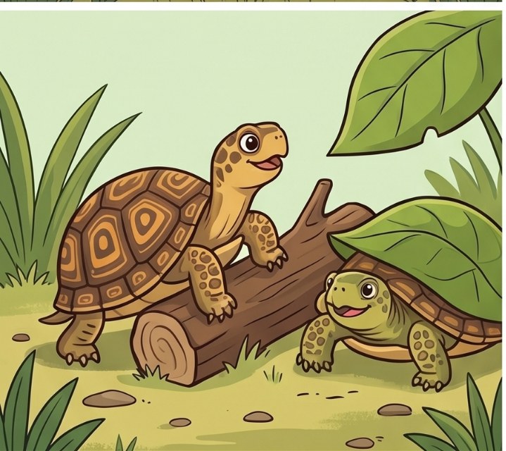 Two cartoon turtles climbing a mossy log