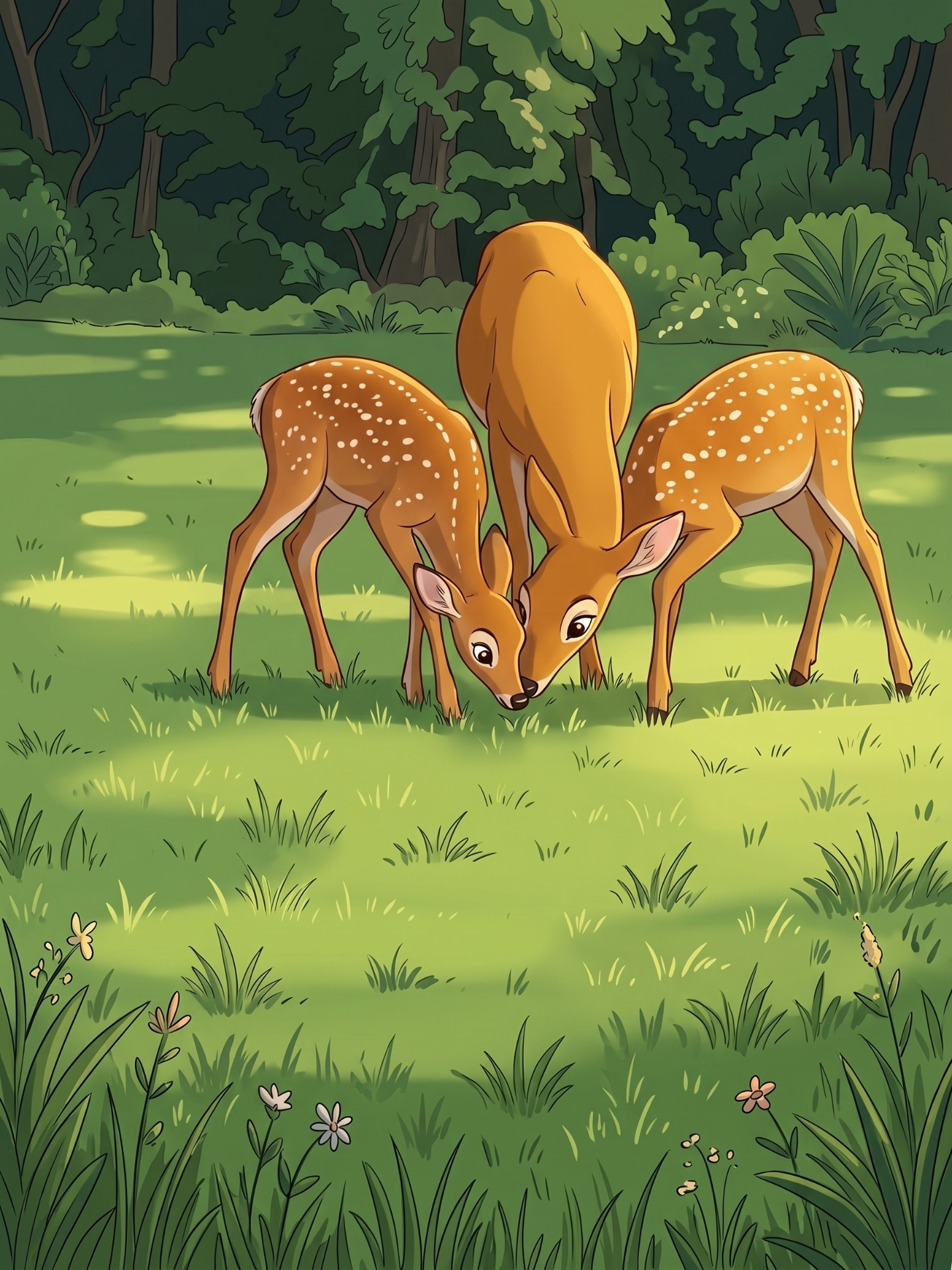 Cartoon mother deer nuzzling two spotted fawns in a sunny meadow