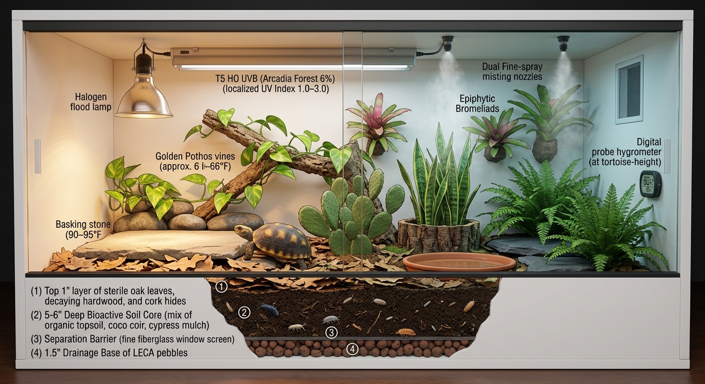 Cutaway schematic of Shelldon's bioactive yellow-foot enclosure, labeled with UVB tube, halogen flood, misting nozzles, substrate layers, plants, and hygrometer placement.