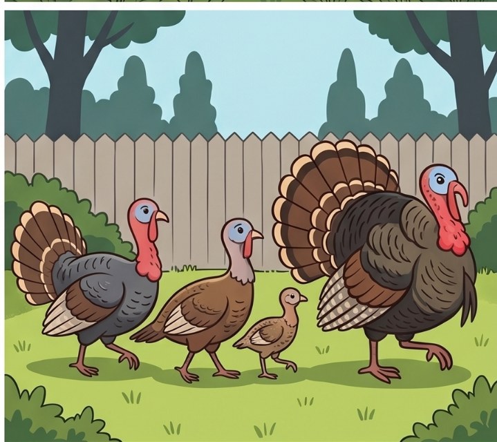 Cartoon wild turkeys parading across a backyard